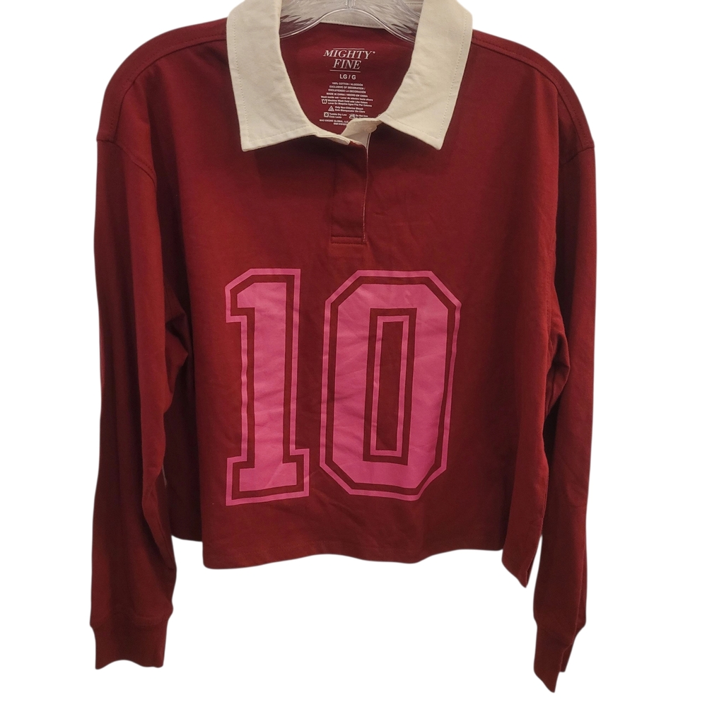 NWT Rugby style Mighty Fine Deep Red, Pink and Cream Cropped‎ Polo Junior Large